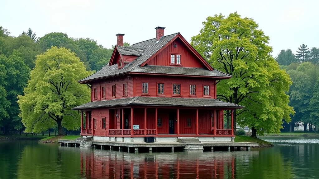 Teatr na Wyspie, czerwony budynek, drewniana konstrukcja, otoczony zielenią