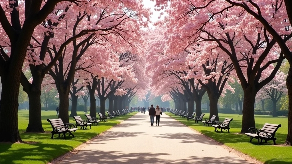 Park w wiosennym sezonie z kwitnącymi drzewami, ławkami do wypoczynku, ludzie spacerujący, naturalne światło poranne