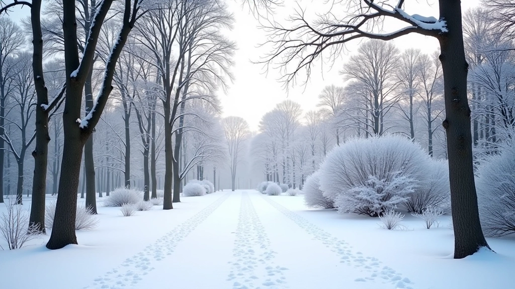 Zimowy park ze śniegiem, zaśnieżone drzewa, spokojny krajobraz, naturalne światło zimowe
